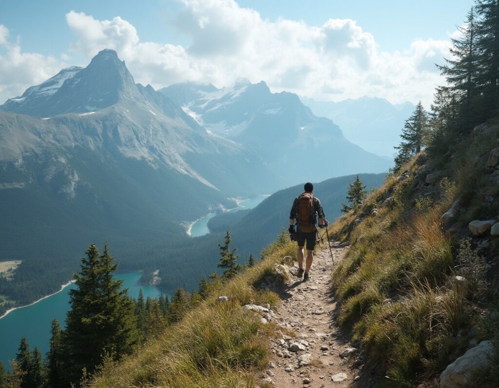 A man walking on top of a mountain near trees.