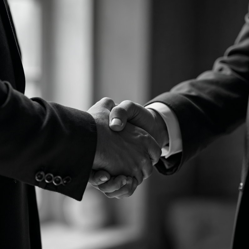 Two men shaking hands in a room.